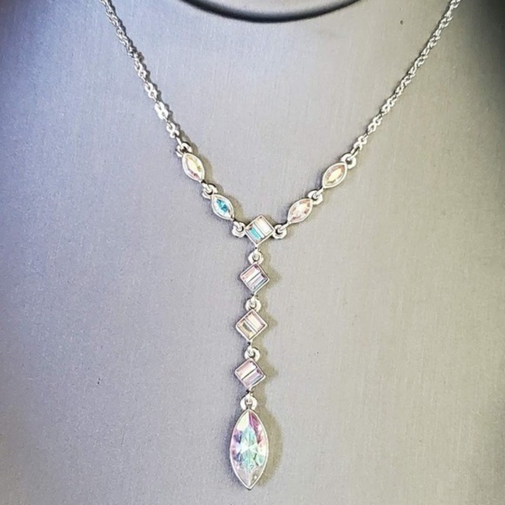 Givenchy Silver Tone Aurora Borealis Crystal Y-Drop Lariat Necklace Designer
